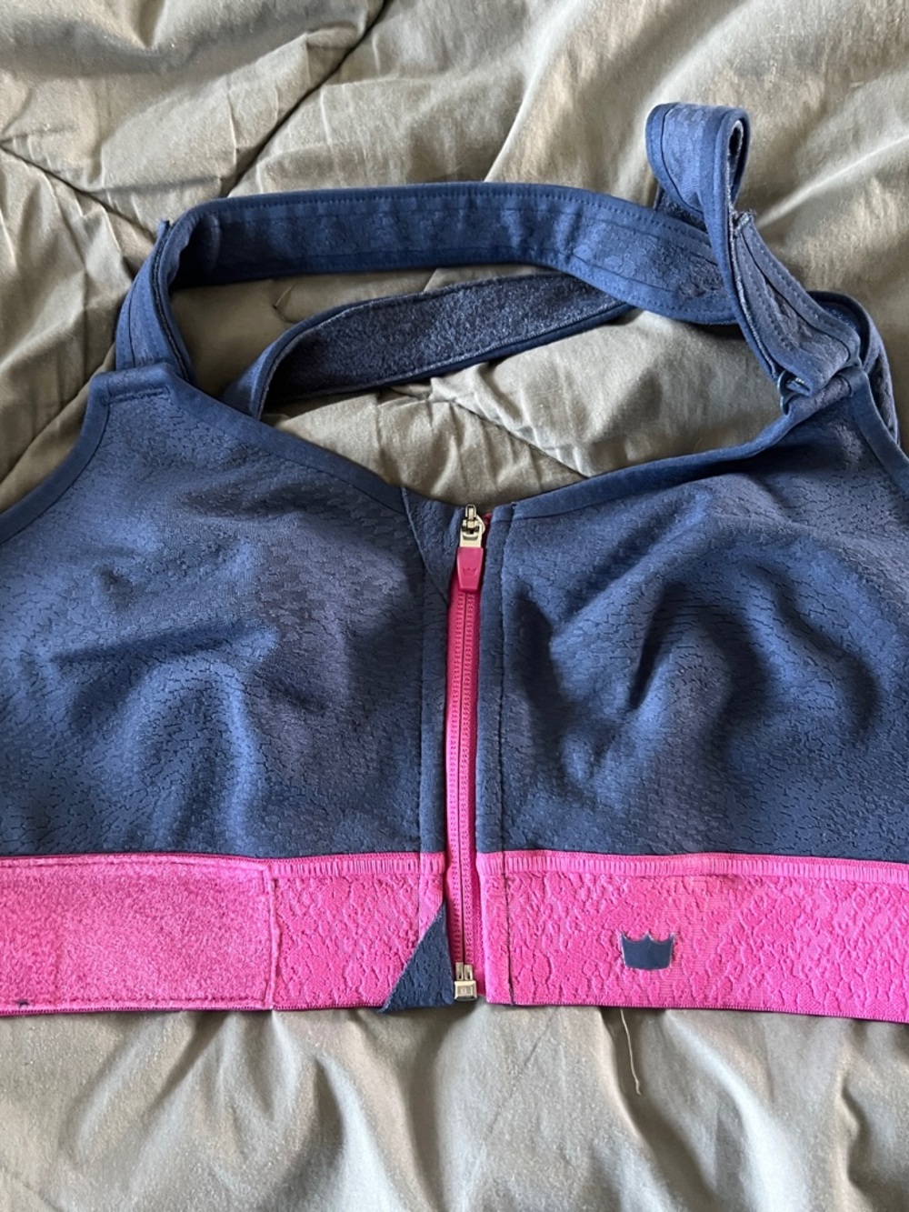 SHEFIT Navy Sports Bra with Pink Band and Zip Front 1 Luxe
